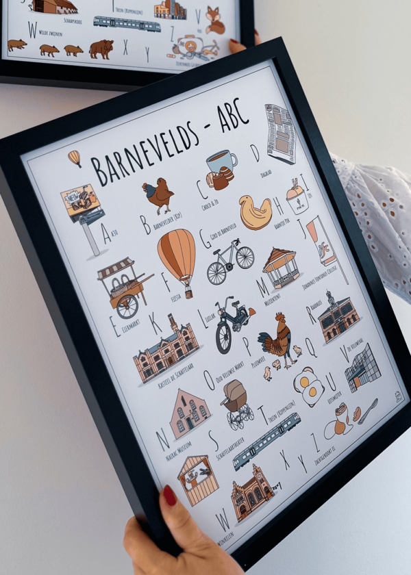 ABC poster Barneveld - Een unieke stadsposter met herkenbare en handgetekende illustraties van Barneveld product afbeelding