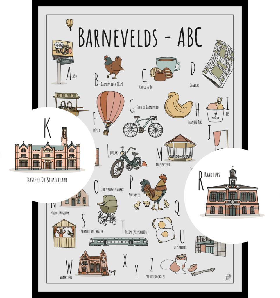 ABC poster Barneveld met twee uitgelichte herkenbare objecten uit de omgeving Kasteel De Schaffelaar en Raadhuis
