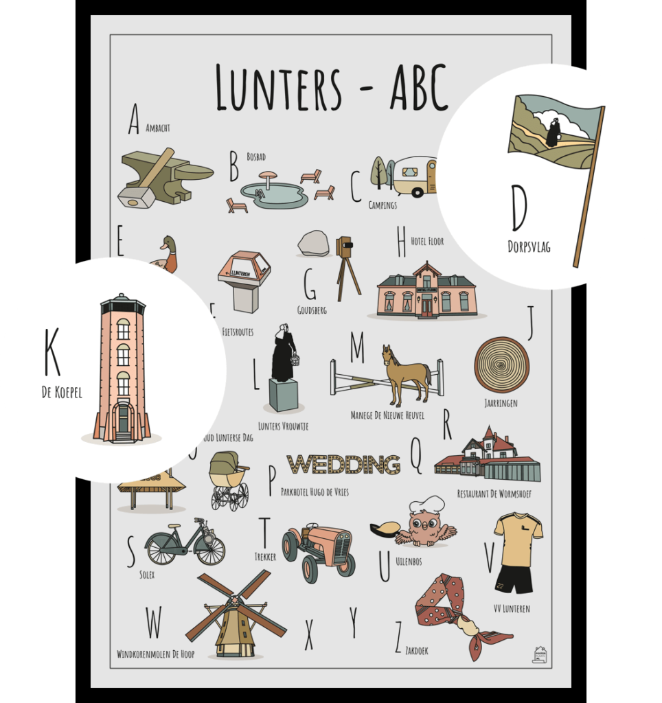 ABC poster Lunteren met twee uitgelichte herkenbare objecten uit de omgeving Dorpsvlag en De Koepel