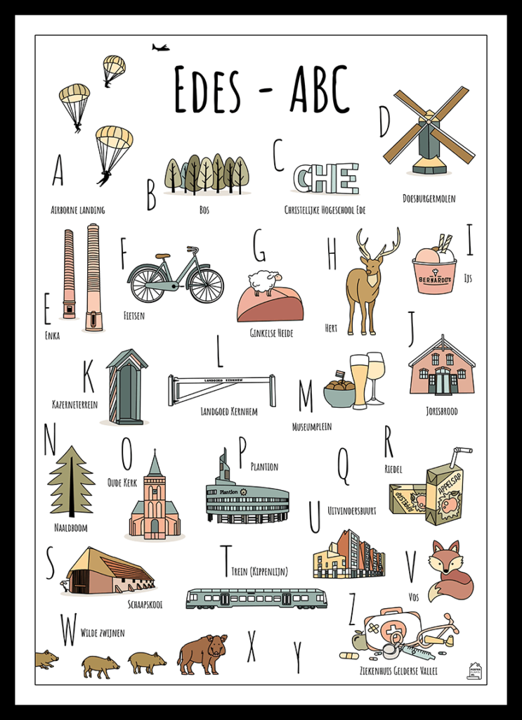 ABC poster Ede - Een unieke stadsposter met herkenbare en handgetekende illustraties van Ede