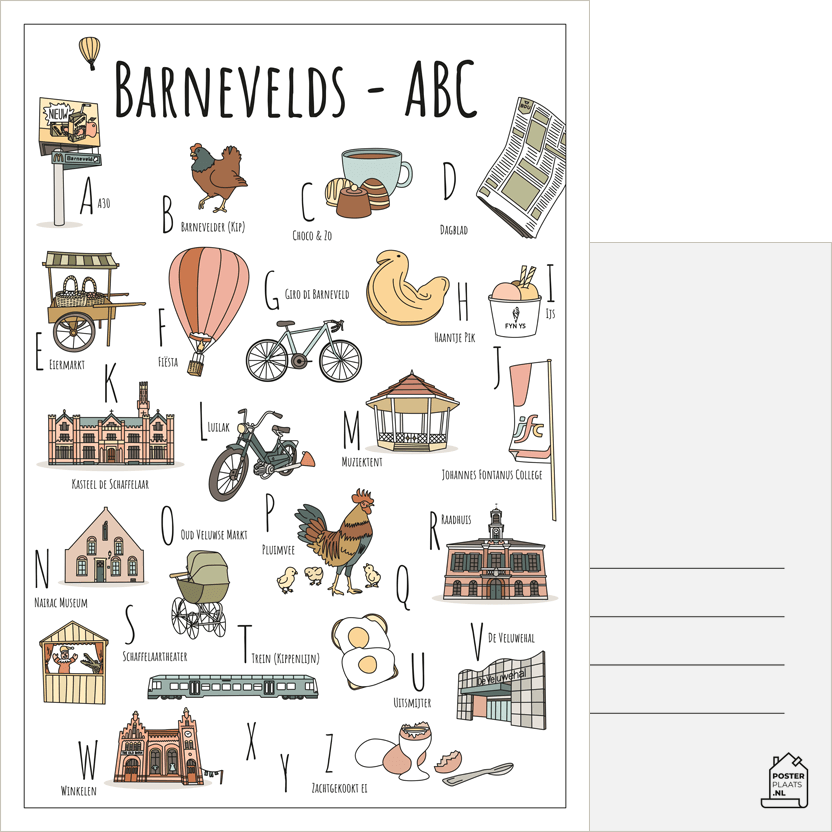 ABC ansichtkaart Barneveld - Een unieke ansichtkaart met herkenbare en handgetekende illustraties van Barneveld