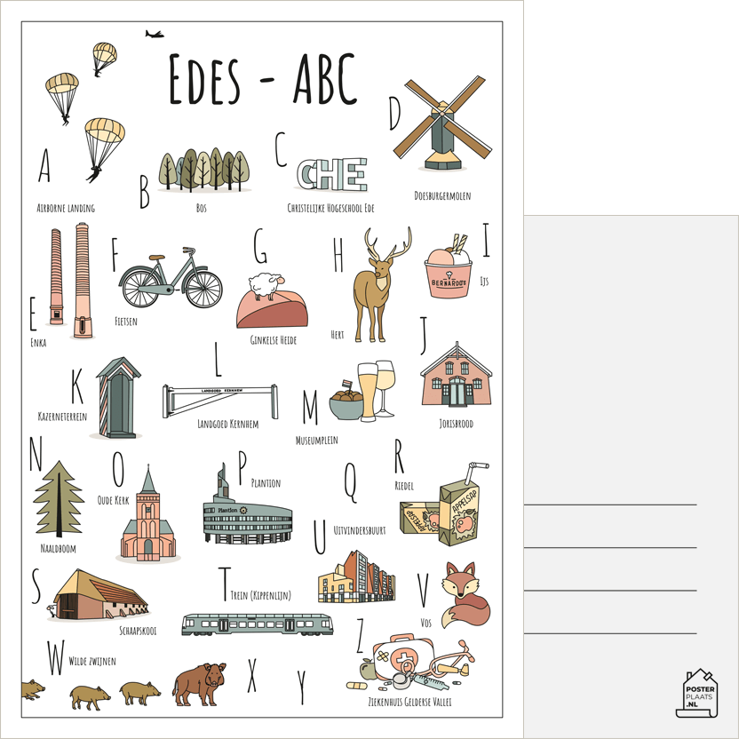 ABC ansichtkaart Ede - Een unieke ansichtkaart met herkenbare en handgetekende illustraties van Ede