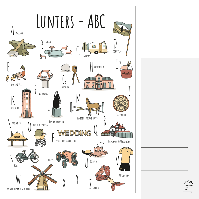 ABC ansichtkaart Lunteren - Een unieke ansichtkaart met herkenbare en handgetekende illustraties van Lunteren
