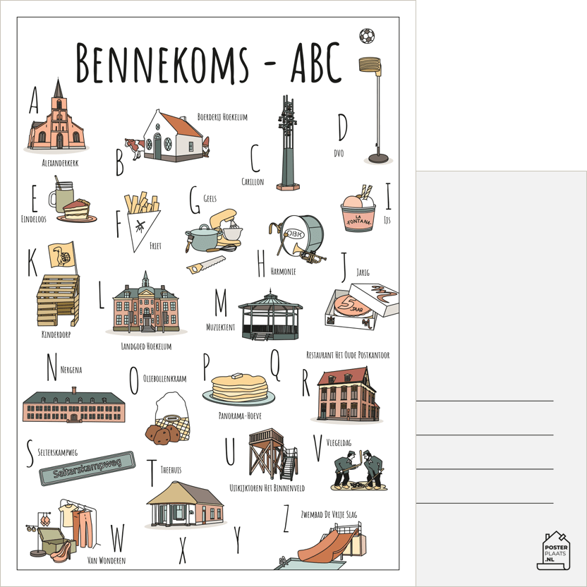 ABC ansichtkaart Bennekom - Een unieke ansichtkaart met herkenbare en handgetekende illustraties van Bennekom