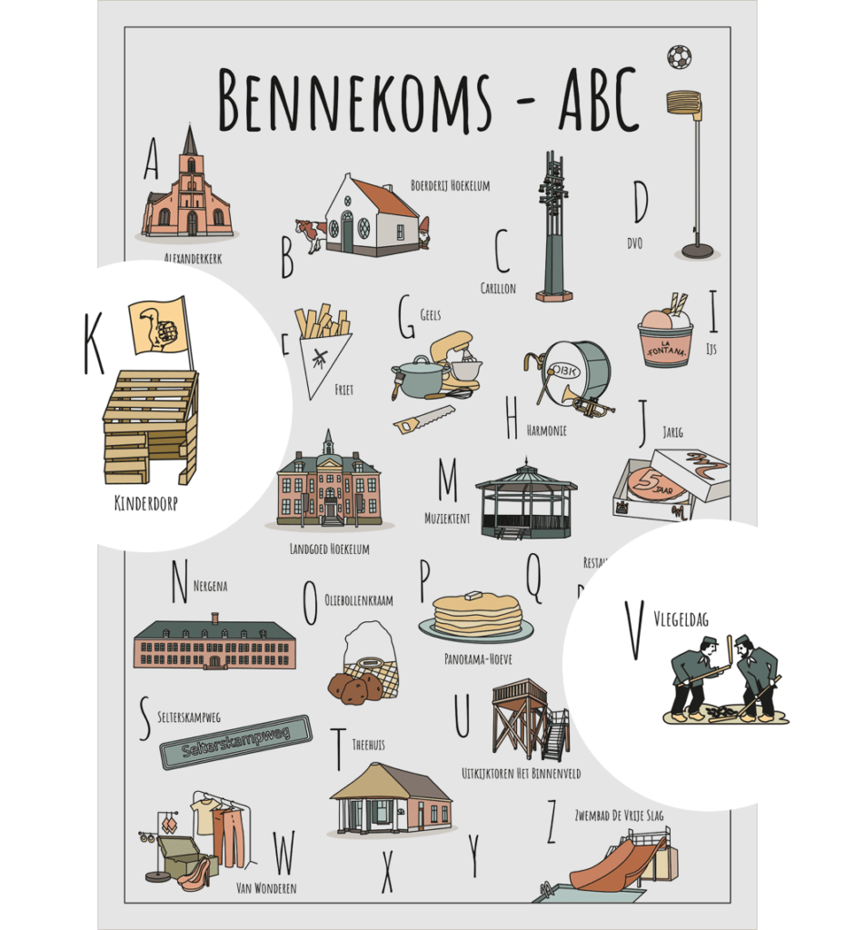 ABC ansichtkaart Bennekom met twee uitgelichte herkenbare objecten uit de omgeving Kinderdorp en Vlegeldag