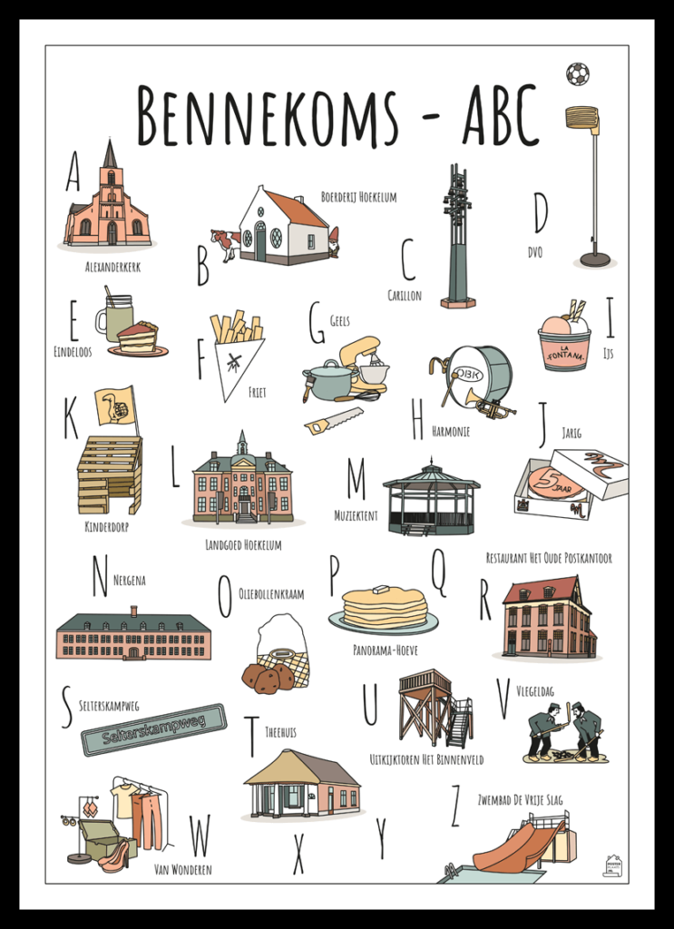 ABC poster Bennekom - Een unieke poster met herkenbare en handgetekende illustraties van Bennekom