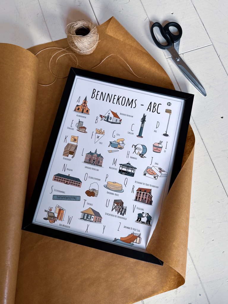 ABC poster Bennekom - Origineel cadeau een unieke stadsposter met herkenbare en handgetekende illustraties van Bennekom