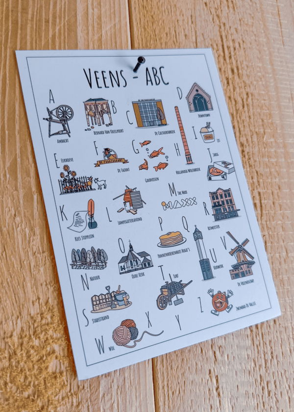 ABC ansichtkaart Veenendaal - Een unieke ansichtkaart met herkenbare en handgetekende illustraties van Veenendaal product afbeelding