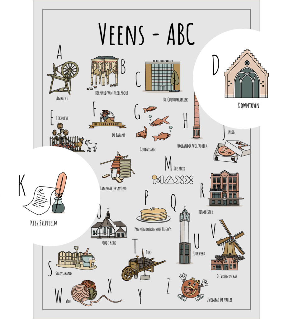 ABC ansichtkaart Veenendaal met twee uitgelichte herkenbare objecten uit de omgeving Downtown en het Kees Stipplein