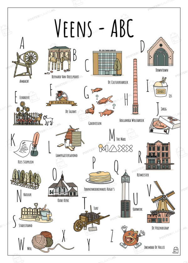 ABC poster Veenendaal - Een unieke stadsposter met herkenbare en handgetekende illustraties van Veenendaal met watermerk
