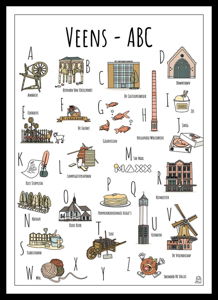 ABC poster Veenendaal - Een unieke poster met herkenbare en handgetekende illustraties van Veenendaal