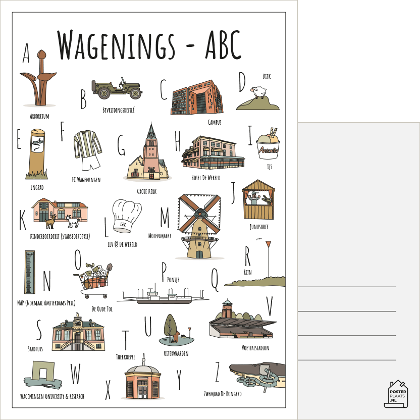 ABC ansichtkaart Wageningen - Een unieke ansichtkaart met herkenbare en handgetekende illustraties van Wageningen