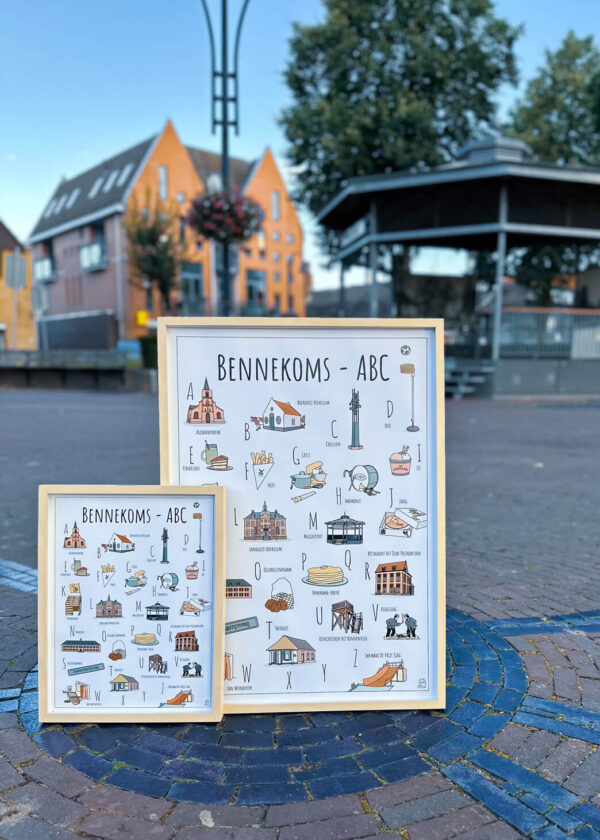 ABC poster Bennekom - Een unieke stadsposter met herkenbare en handgetekende illustraties van Bennekom product afbeelding Bennekoms ABC