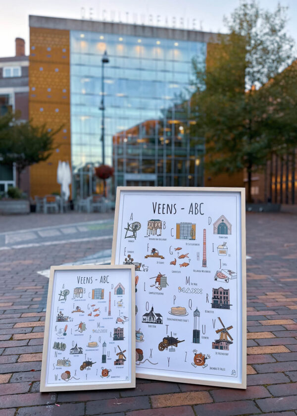 ABC poster Veenendaal - Een unieke stadsposter met herkenbare en handgetekende illustraties van Veenendaal product afbeelding Veens ABC