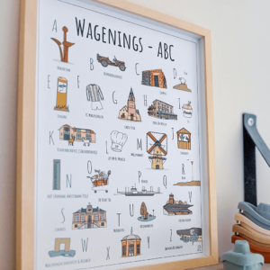 ABC poster Wageningen - Een unieke stadsposter met herkenbare en handgetekende illustraties van Wageningen product afbeelding