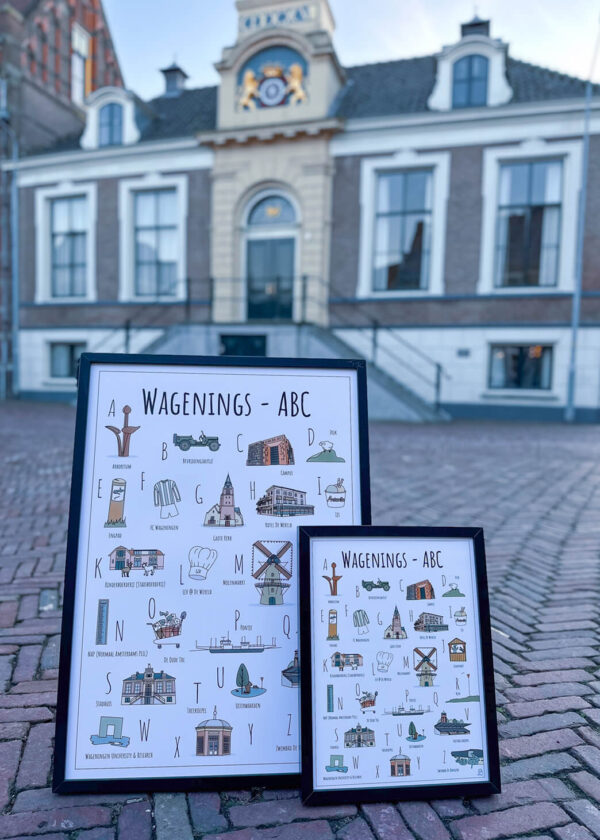 ABC poster Wageningen - Een unieke stadsposter met herkenbare en handgetekende illustraties van Wageningen product afbeelding Wagenings ABC