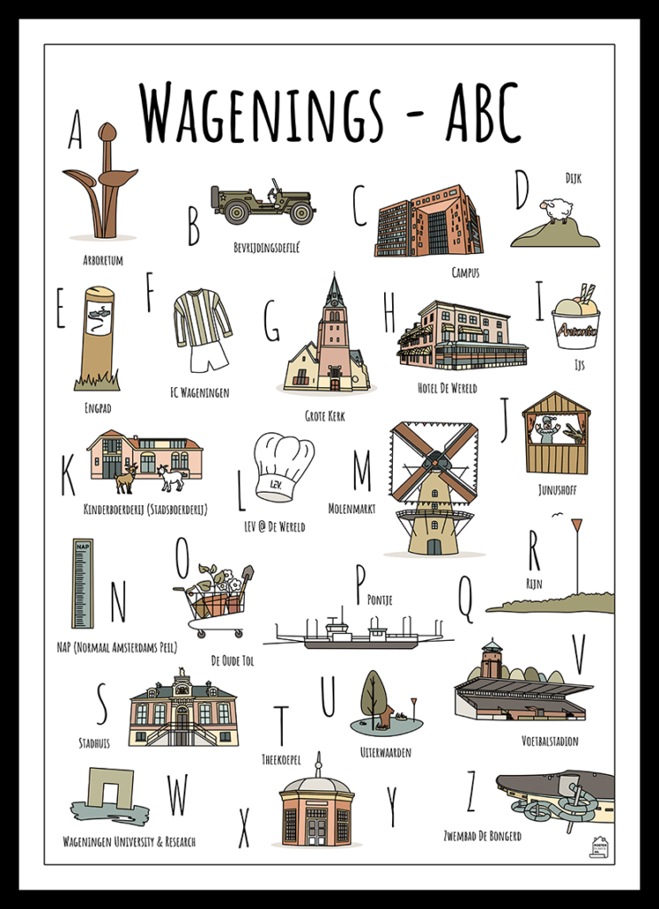 ABC poster Wageningen - Een unieke poster met herkenbare en handgetekende illustraties van Wageningen
