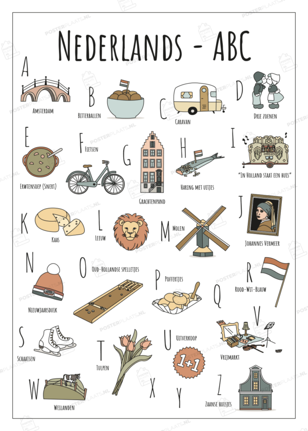 ABC ansichtkaart Nederland - Een unieke ansichtkaart met herkenbare en handgetekende illustraties van Nederland met watermerk