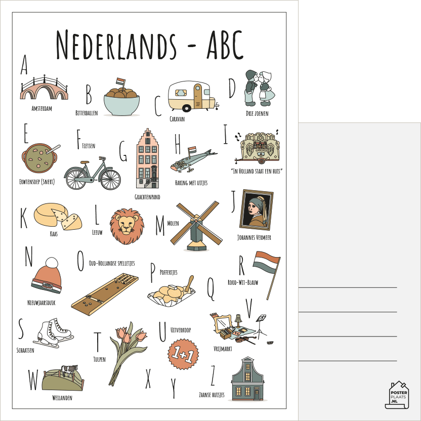 ABC ansichtkaart Nederland - Een unieke ansichtkaart met herkenbare en handgetekende illustraties van Nederland