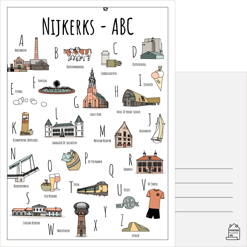 ABC ansichtkaart Nijkerk - Een unieke ansichtkaart met herkenbare en handgetekende illustraties van Nijkerk