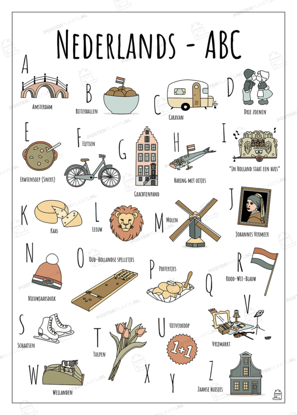 ABC poster Nederland - Een unieke poster met herkenbare en handgetekende illustraties van Nederland met watermerk