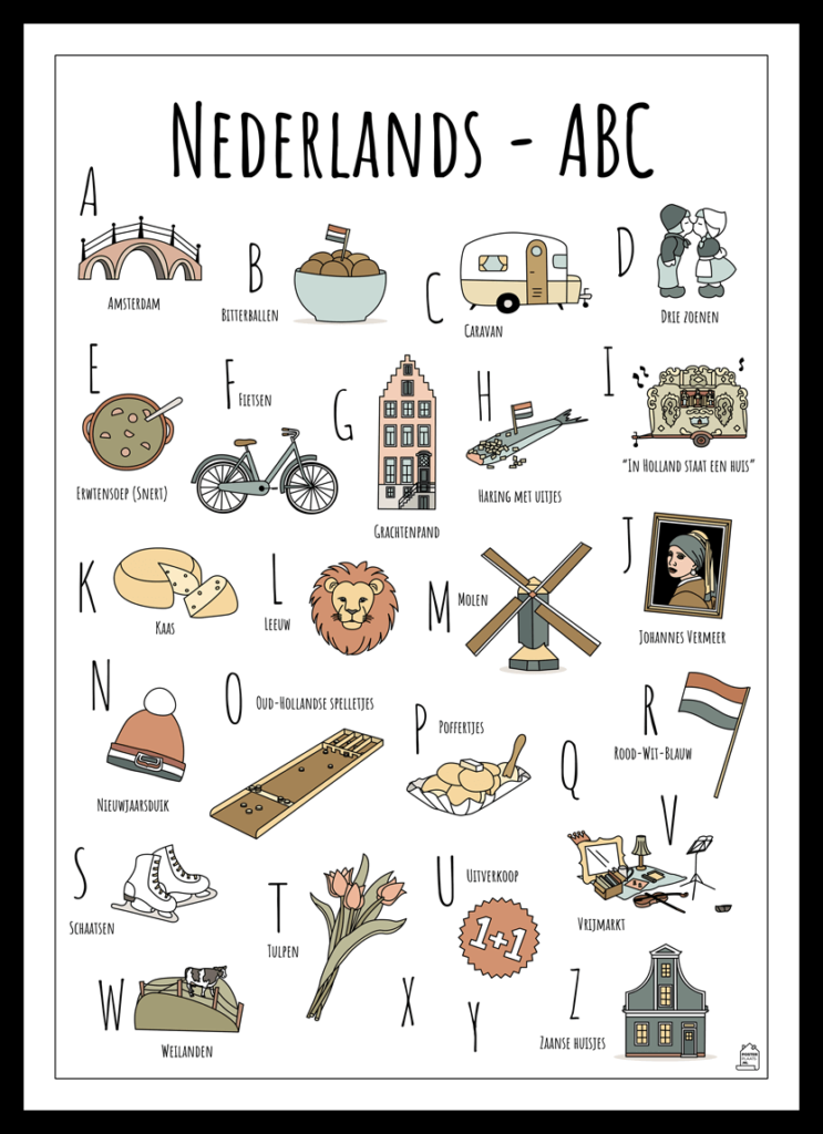 ABC poster Nederland - Een unieke poster met herkenbare en handgetekende illustraties van Nederland