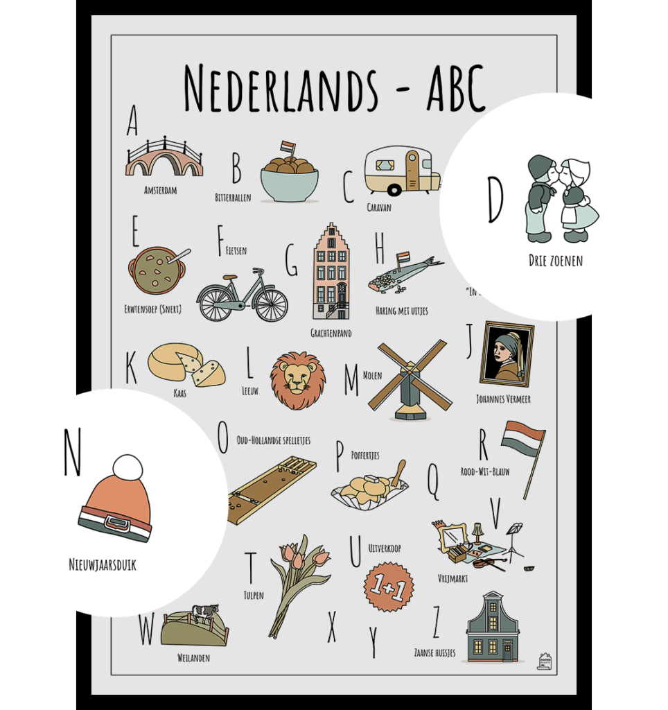 ABC poster Nederland met twee uitgelichte typisch Nederlandse objecten zoals Drie zoenen en de Nieuwjaarsduik