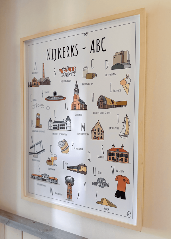ABC poster Nijkerk - Een unieke stadsposter met herkenbare en handgetekende illustraties van Nijkerk product afbeelding