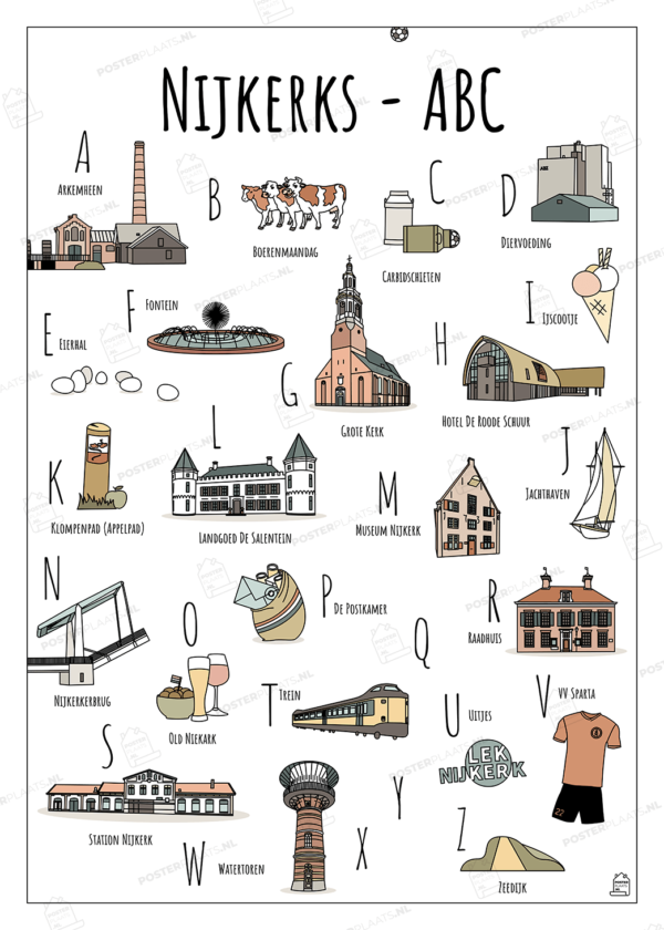 ABC poster Nijkerk - Een unieke stadsposter met herkenbare en handgetekende illustraties van Nijkerk met watermerk