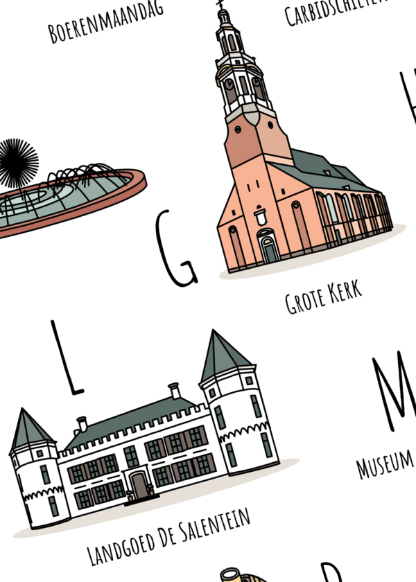 ABC poster Nijkerk - Een unieke stadsposter met herkenbare en handgetekende illustraties van Nijkerk product afbeelding details van Grote Kerk en Landgoed De Salentein