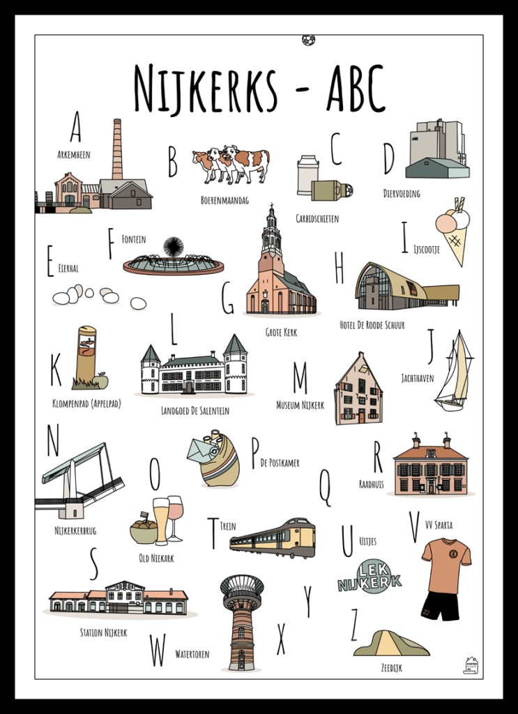 ABC poster Nijkerk - Een unieke poster met herkenbare en handgetekende illustraties van Nijkerk