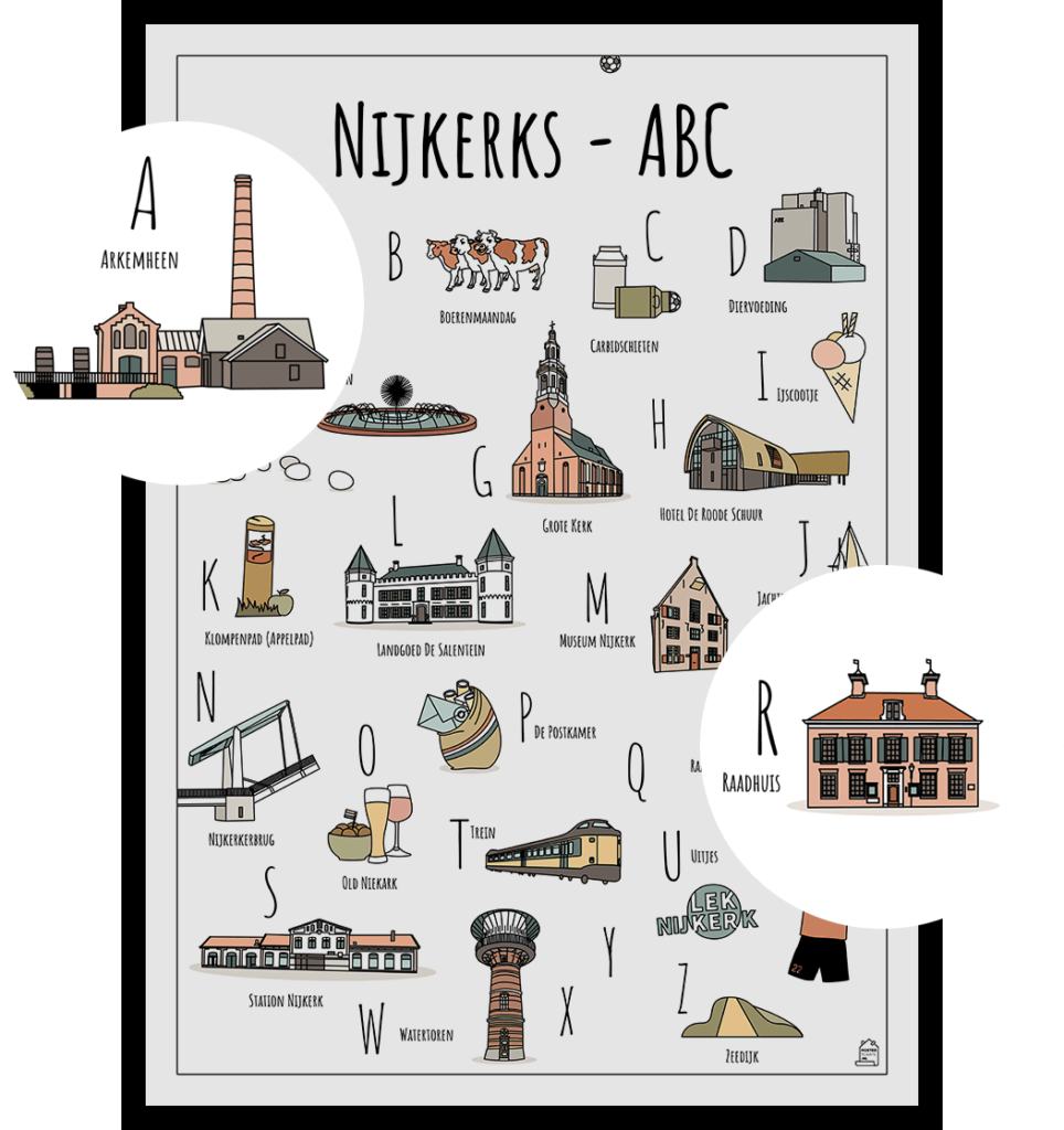 ABC poster Nijkerk met twee uitgelichte herkenbare objecten uit de omgeving Arkemheen Stoomgemaal Hertog Reijnout Zeedijk en Oude Gemeentehuis Stadhuis