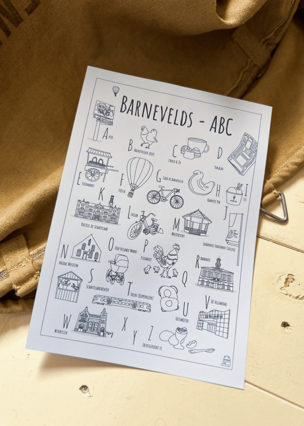 ABC kleurplaat Barneveld - Een unieke kleurplaat met herkenbare en handgetekende illustraties van Barneveld product afbeelding