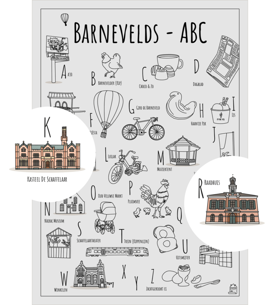 ABC kleurplaat Barneveld met twee uitgelichte herkenbare objecten uit de omgeving Kasteel De Schaffelaar en Raadhuis