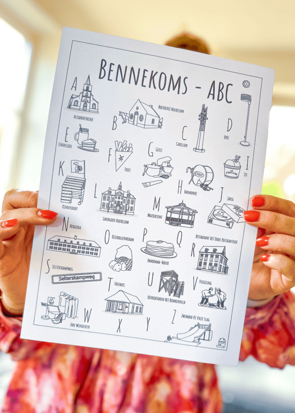 ABC kleurplaat Bennekom - Een unieke kleurplaat met herkenbare en handgetekende illustraties van Bennekom product afbeelding