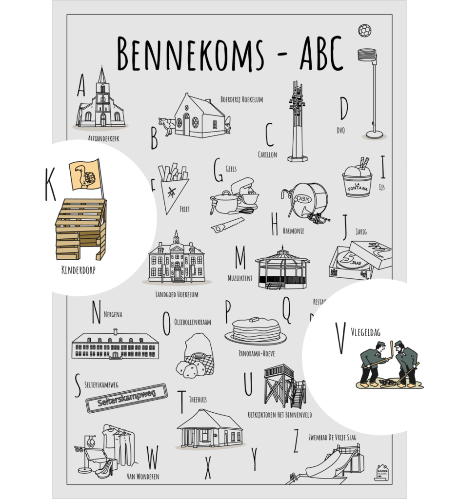ABC kleurplaat Bennekom met twee uitgelichte herkenbare objecten uit de omgeving Kinderdorp en Vlegeldag
