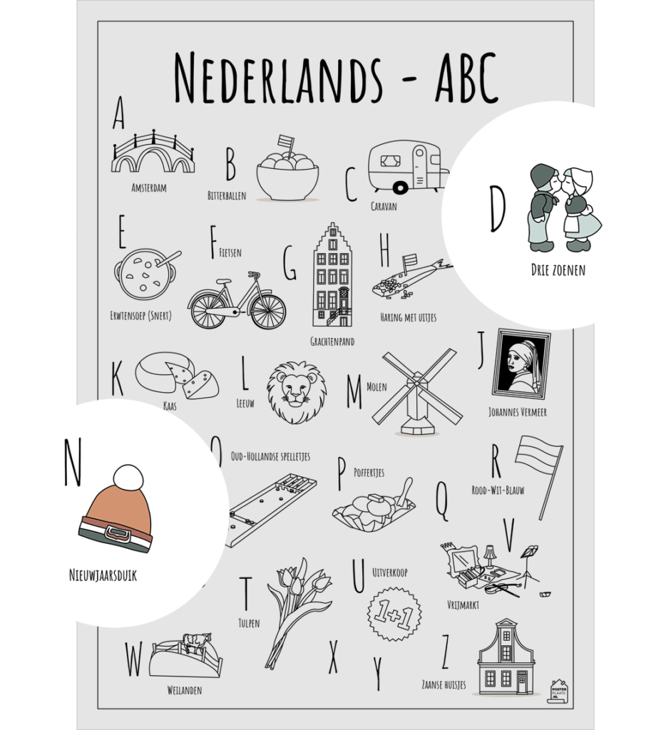 ABC kleurplaat Nederland met twee uitgelichte typisch Nederlandse objecten zoals Drie zoenen en de Nieuwjaarsduik