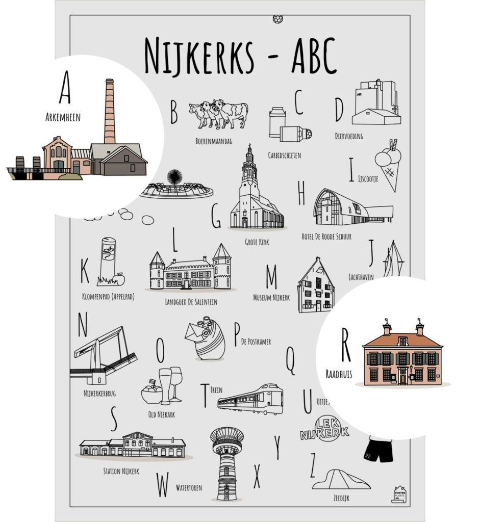 ABC kleurplaat Nijkerk met twee uitgelichte herkenbare objecten uit de omgeving Arkemheen Stoomgemaal Hertog Reijnout Zeedijk en Oude Gemeentehuis Stadhuis