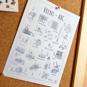 ABC kleurplaat Veenendaal - Een unieke kleurplaat met herkenbare en handgetekende illustraties van Veenendaal product afbeelding