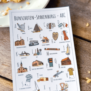 ABC ansichtkaart Bunschoten-Spakenburg - Een unieke ansichtkaart met herkenbare en handgetekende illustraties van Bunschoten-Spakenburg product afbeelding