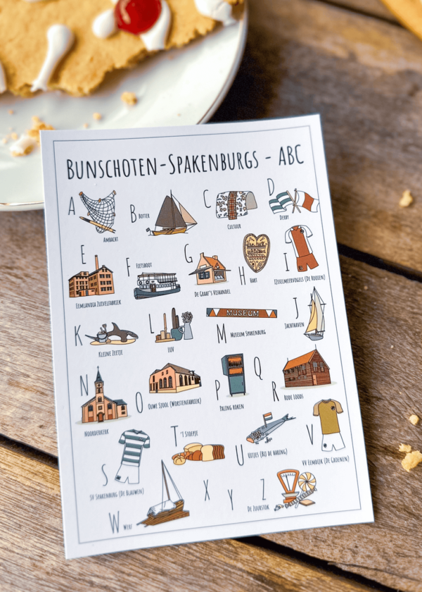 ABC ansichtkaart Bunschoten-Spakenburg - Een unieke ansichtkaart met herkenbare en handgetekende illustraties van Bunschoten-Spakenburg product afbeelding