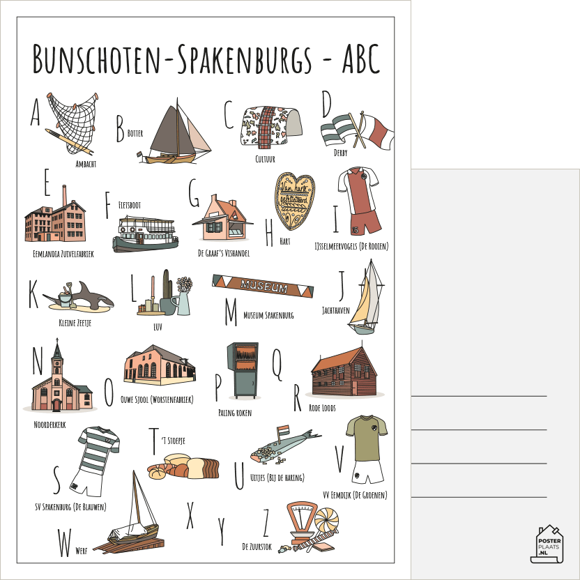 ABC ansichtkaart Bunschoten-Spakenburg - Een unieke ansichtkaart met herkenbare en handgetekende illustraties van Bunschoten-Spakenburg