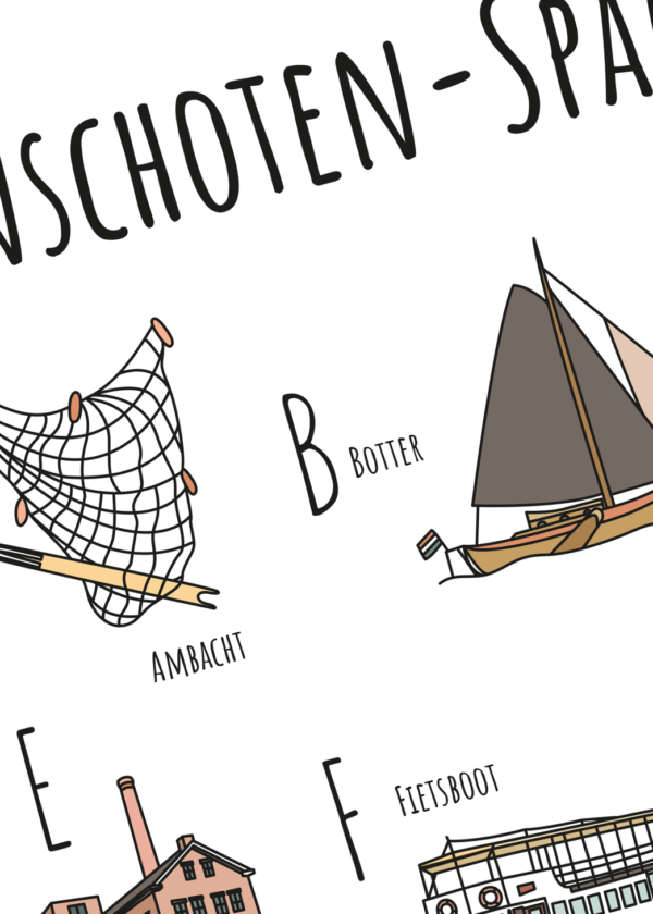 ABC poster Bunschoten-Spakenburg - Een unieke stadsposter met herkenbare en handgetekende illustraties van Bunschoten-Spakenburg product afbeelding details van Ambacht Botters Fietsboot