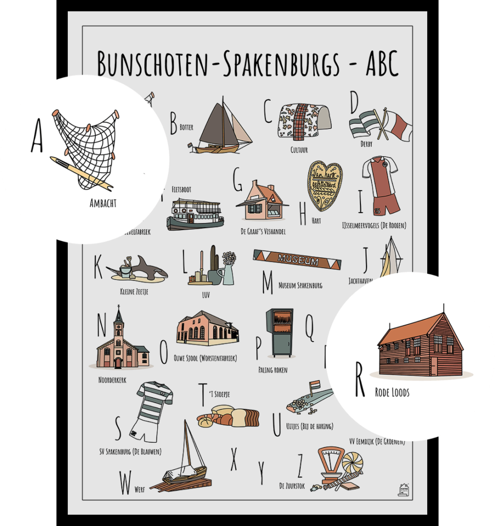 ABC poster Bunschoten-Spakenburg met twee uitgelichte herkenbare objecten uit de omgeving Ambacht en Rode Loods