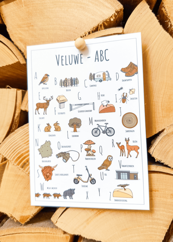 ABC ansichtkaart Veluwe - Een unieke ansichtkaart met herkenbare en handgetekende illustraties van de Veluwe product afbeelding