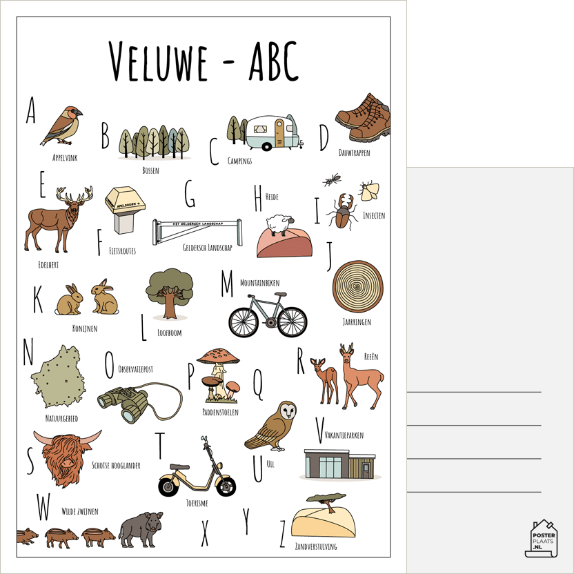 ABC ansichtkaart Veluwe - Een unieke ansichtkaart met herkenbare en handgetekende illustraties van de Veluwe