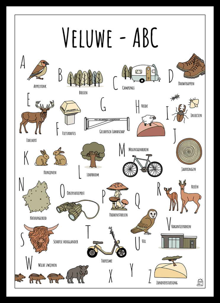 ABC poster Veluwe - Een unieke poster met herkenbare en handgetekende illustraties van de Veluwe