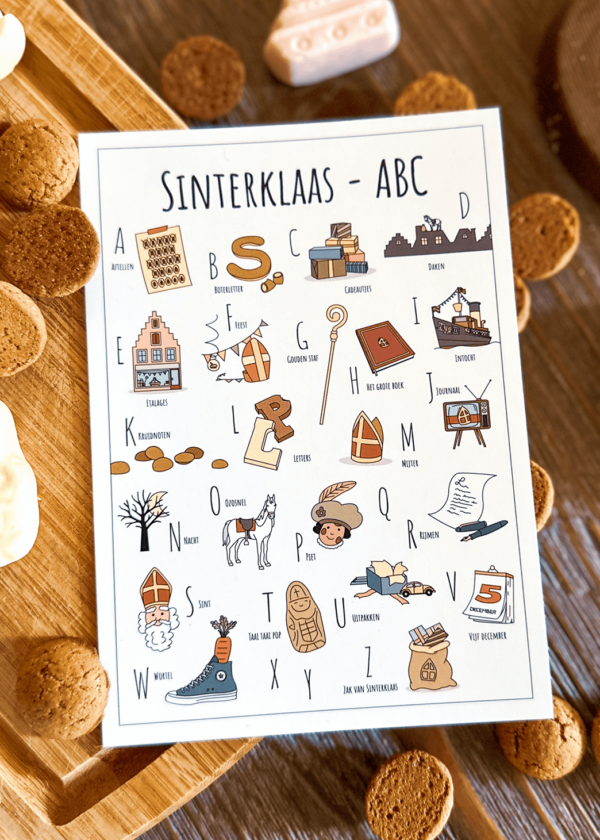 ABC ansichtkaart Sinterklaas - Een unieke ansichtkaart met herkenbare en handgetekende illustraties van Sinterklaas product afbeelding