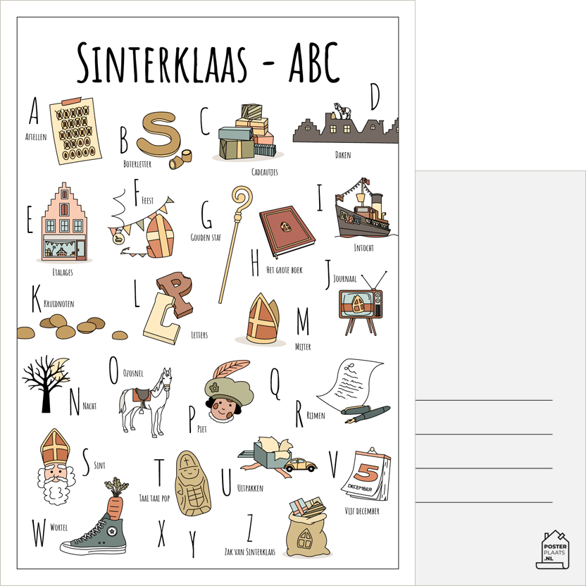 ABC ansichtkaart Sinterklaas - Een unieke ansichtkaart met herkenbare en handgetekende illustraties van Sinterklaas