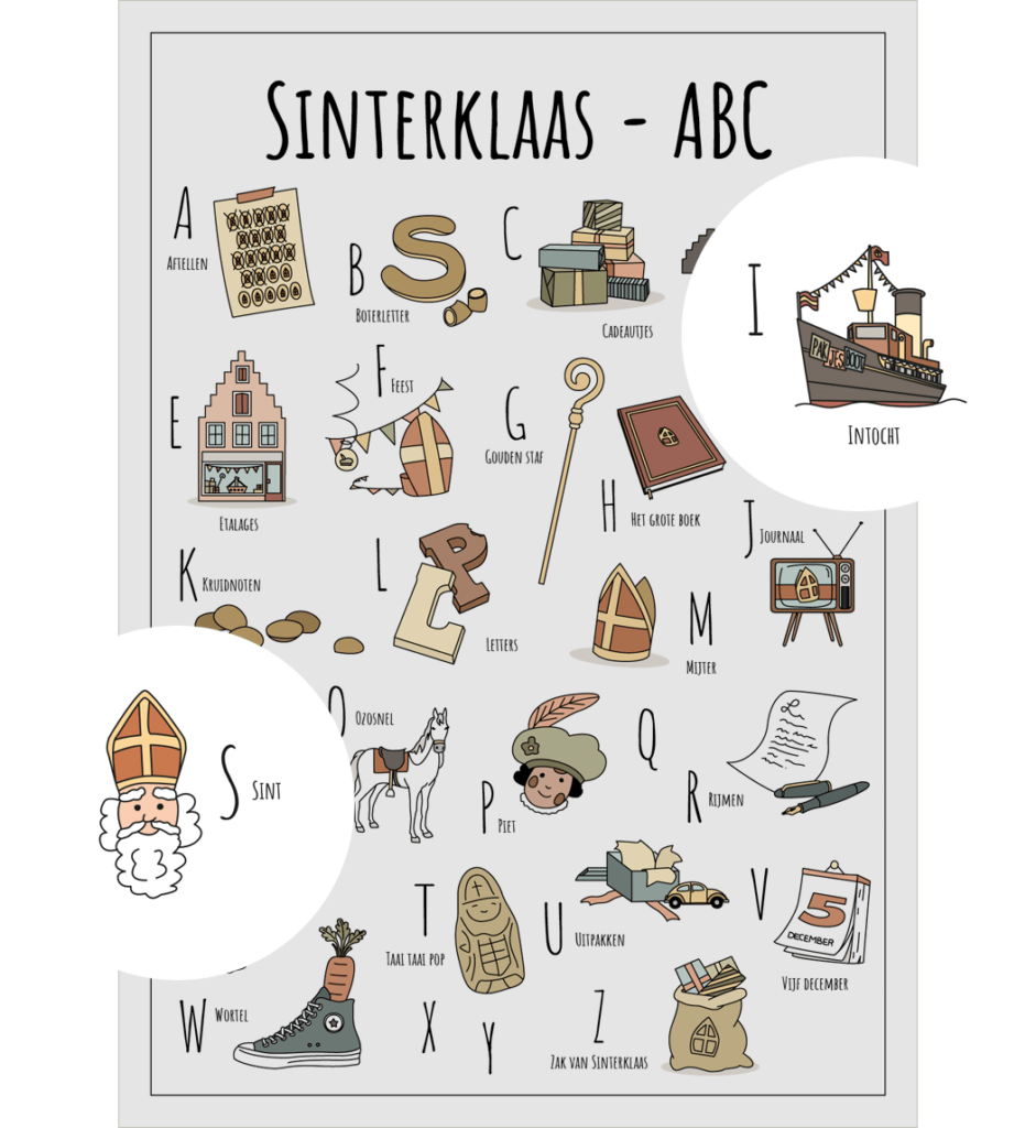 ABC ansichtkaart Sinterklaas met twee uitgelichte herkenbare objecten van Sinterklaas Intocht en Sint